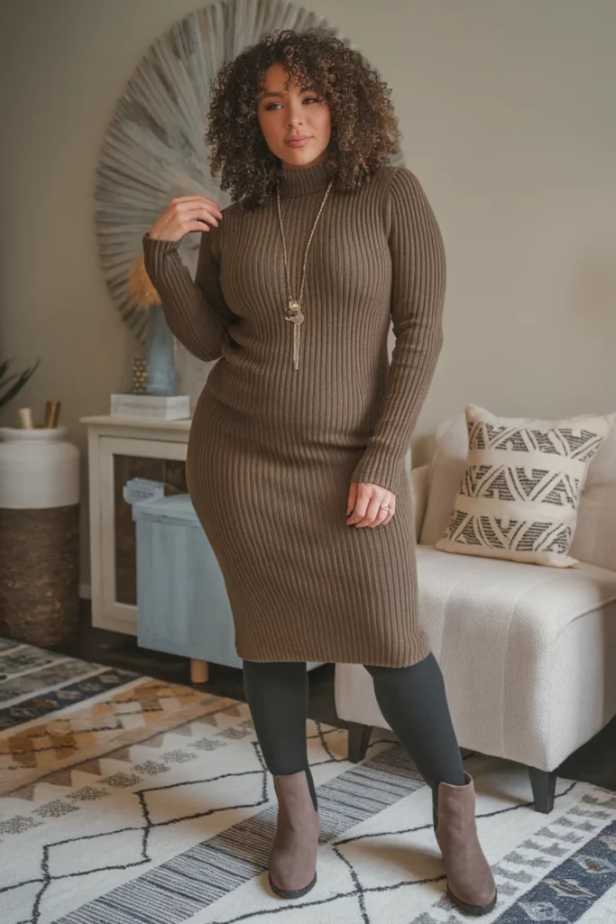 Winter Curvy Mom Sweater Dress and Leggings Outfit
