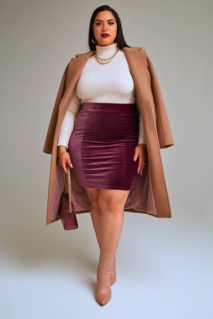 Plus Size Autumn Plum Velour High-Waisted Skirt Outfit