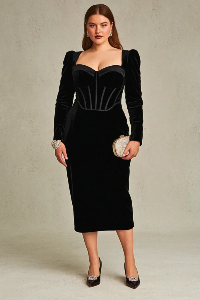 Plus Size Black Velvet Midi with Sweetheart Neckline Wedding Guest Dress