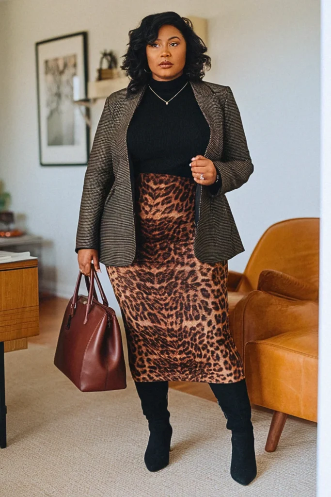 Plus Size Leopard Print Midi Skirt Work Fall Outfit