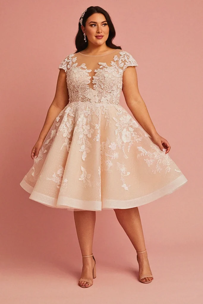 Plus Size Embroidered Mesh Illusion Short Wedding Dress