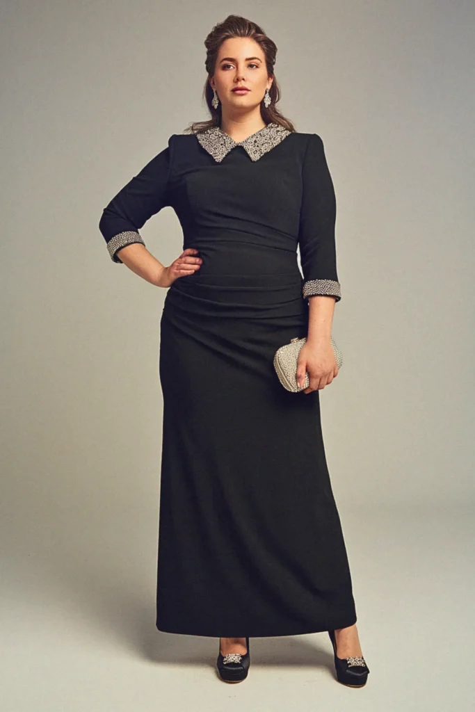 Plus Size Black Tie Embellished Collar Wedding Guest Dress