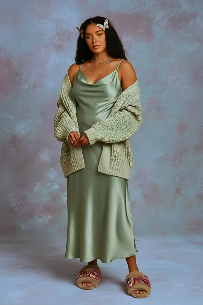 Sage Green Satin Slip Dress and Chunky Knit Cardigan Aesthetic Spring Birthday Lounge Outfit