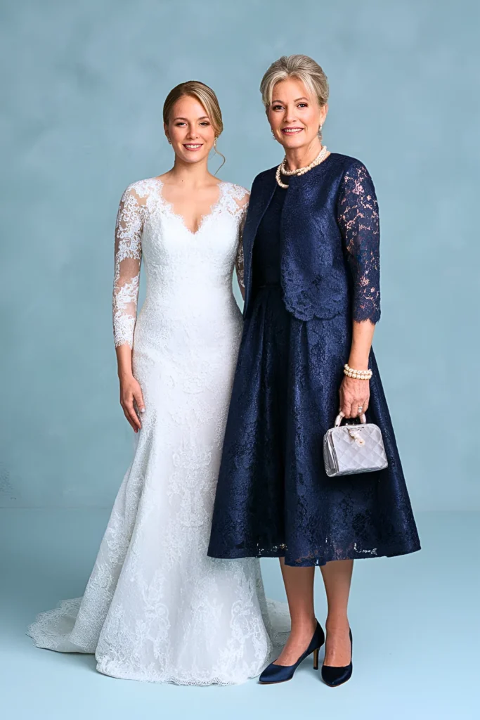 Classic Navy Blue Lace Mother of the Bride Dress with Jacket