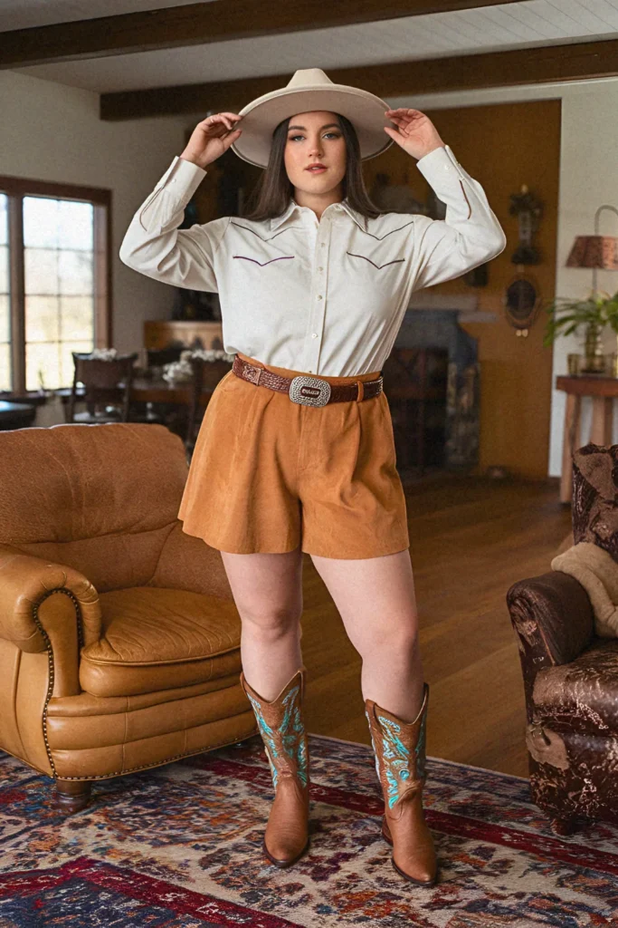Plus Size High-Waisted Suede Shorts with Western Button-Down Cowgirl Outfit
