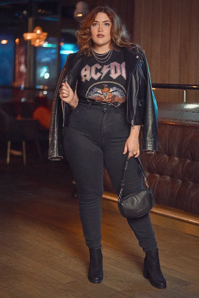 Plus Size Fall Graphic Tee and Leather Jacket Going Out Outfit