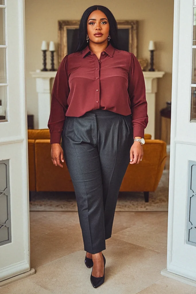 Plus Size Wine-Colored Silk Blouse Fall Outfit