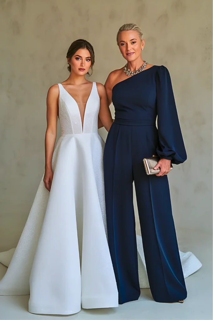 Classy Navy Blue Crepe One-Shoulder Mother of the Bride Jumpsuit