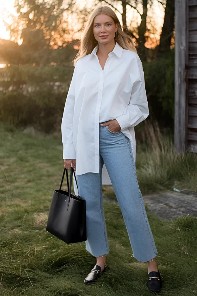 European Oversized White Button-Down & Straight-Leg Jeans Spring Outfit