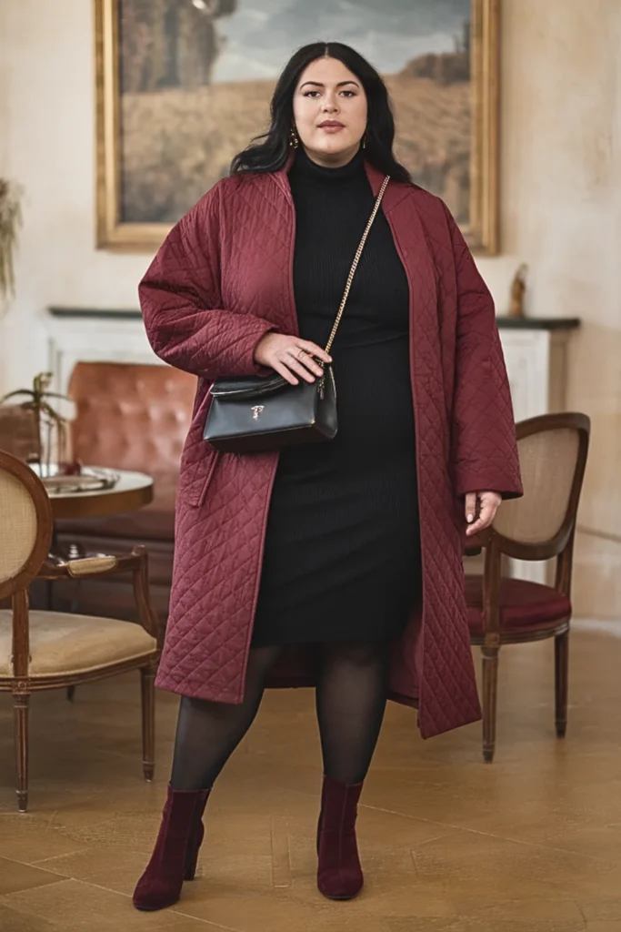 Plus Size Quilted Coat Over Turtleneck Dress Winter Outfit