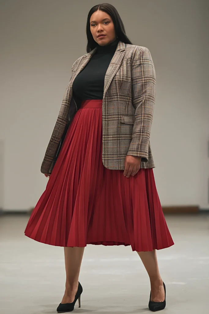 Plus Size Valentine's Pleated Red Midi Skirt and Black Turtleneck Outfit