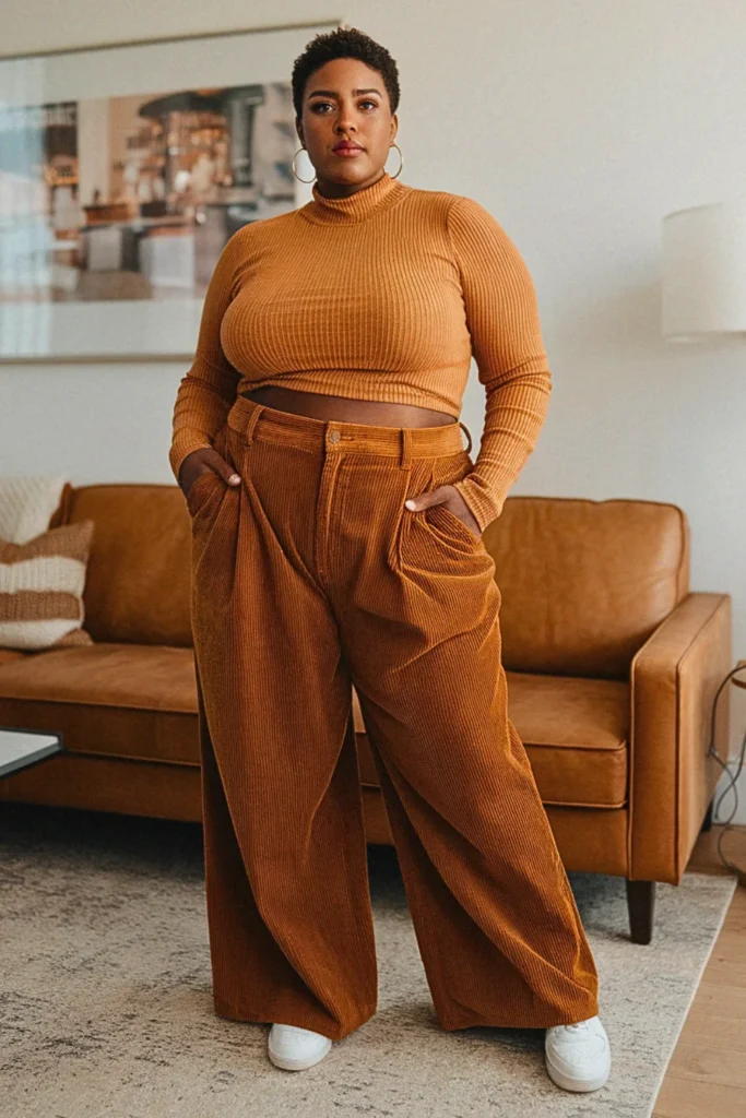 Plus Size Casual Corduroy Wide-Leg Pant Fall Outfit