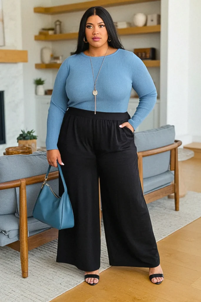Plus Size Scoop Neck Sweater with Palazzo Pants Fall Outfit