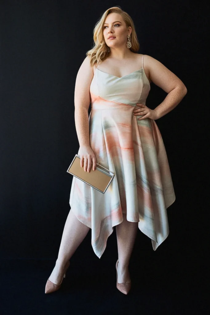 Plus Size Handkerchief-Panel Watercolor Print Wedding Guest Dress