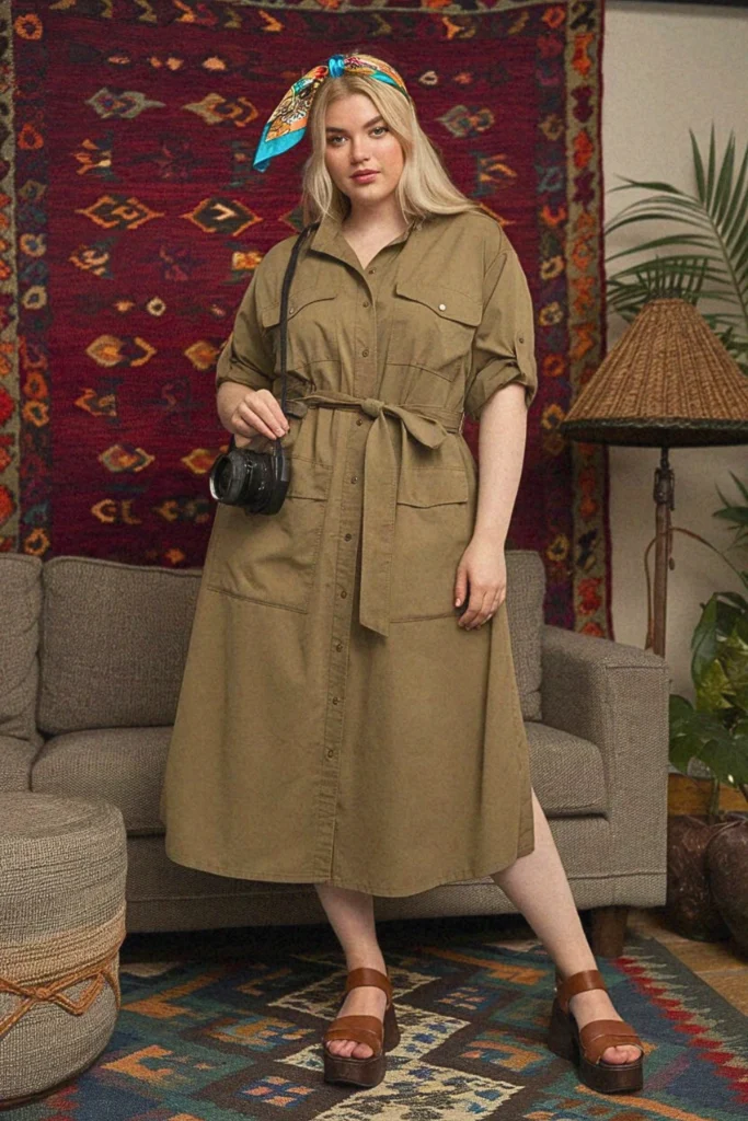 Plus Size Modest Belted Safari Dress Summer Outfit