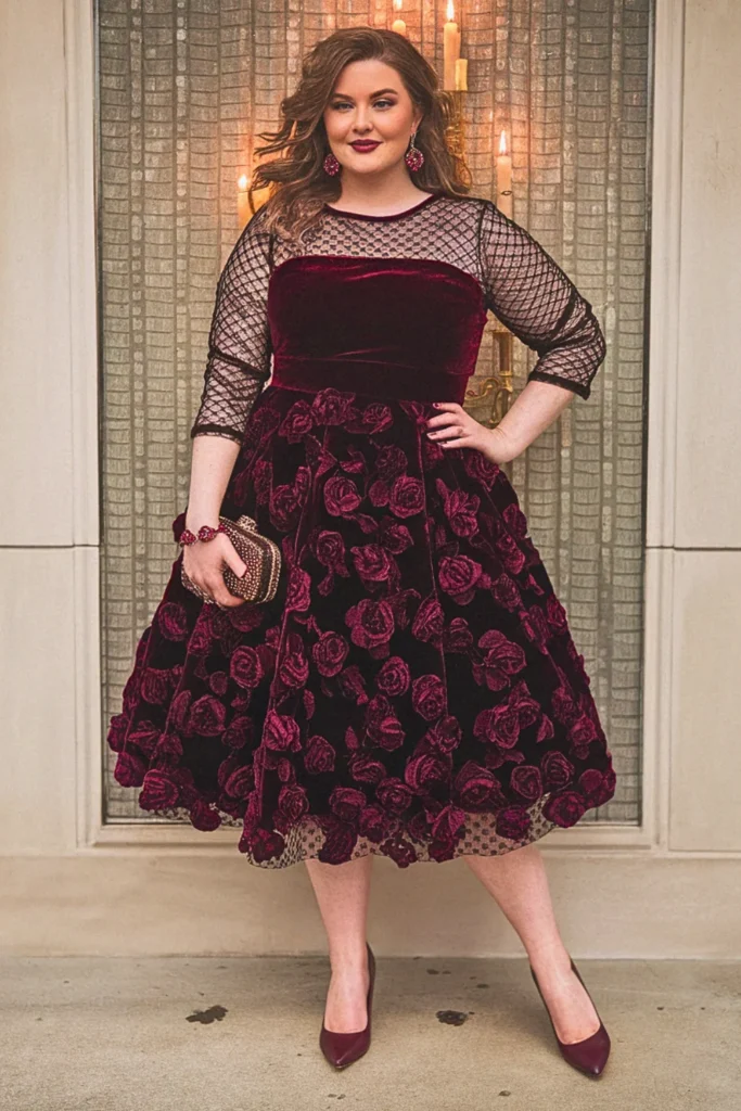 Velvet Burnout Rose Pattern Plus Size Floral Wedding Guest Dress