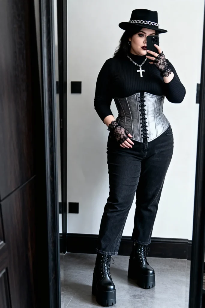 Plus Size Corset-Style Top Over Thermal Long Sleeve Outfit