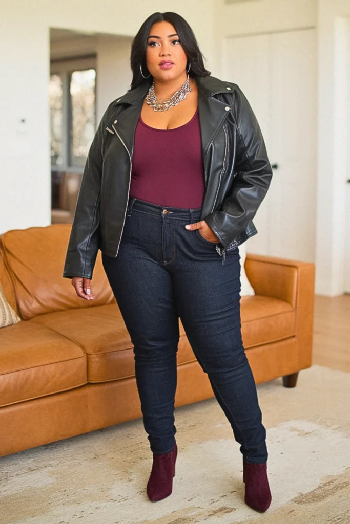 Plus Size Casual Leather Jacket Date Night Fall Outfit
