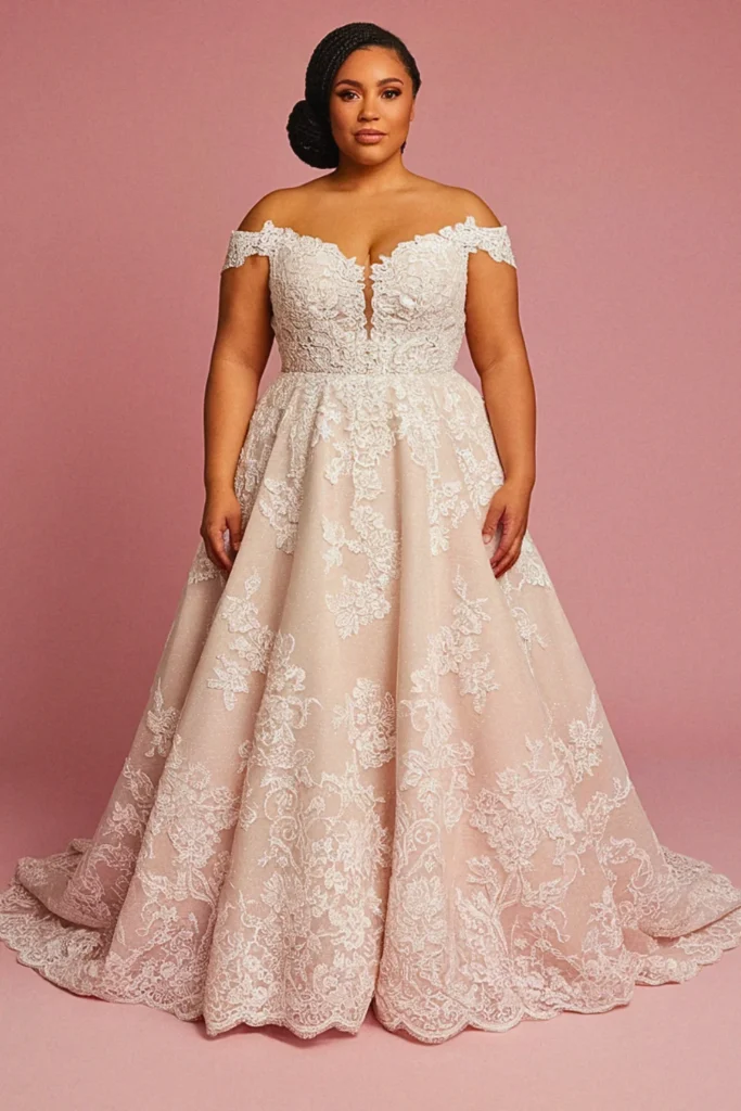 Plus Size A-Line Off-Shoulder Lace AppliqueÌ Wedding Dress