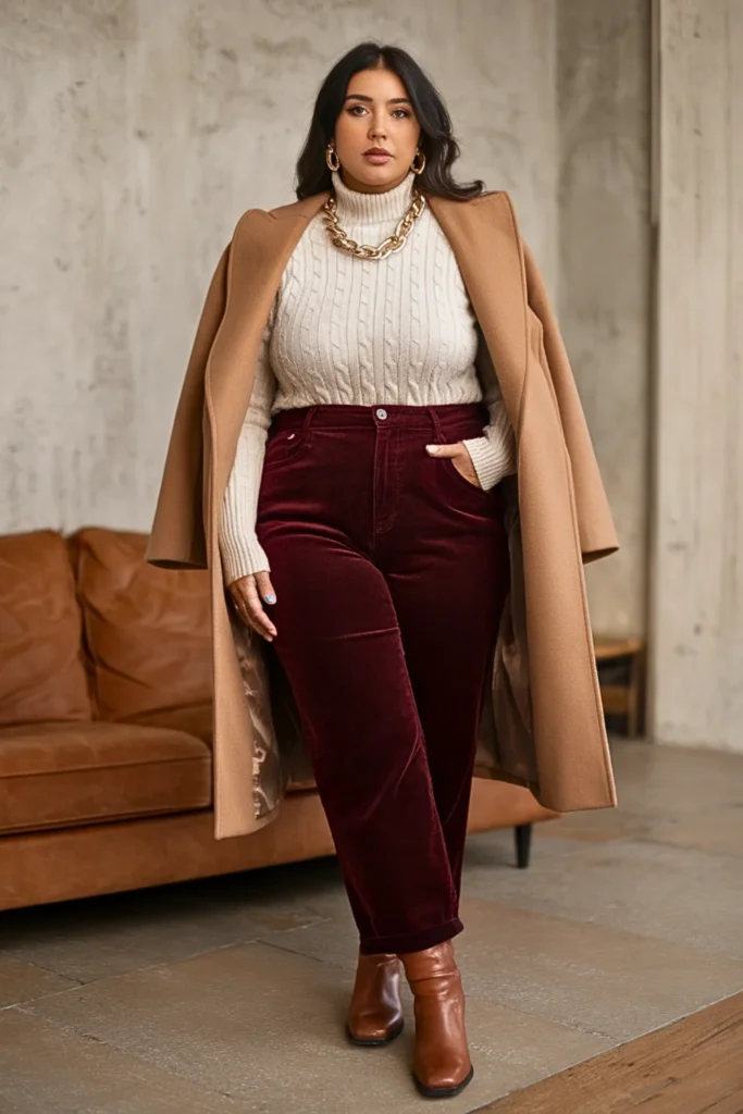 Plus Size Cable Knit Turtleneck With High-Waisted Corduroys Winter Outfit