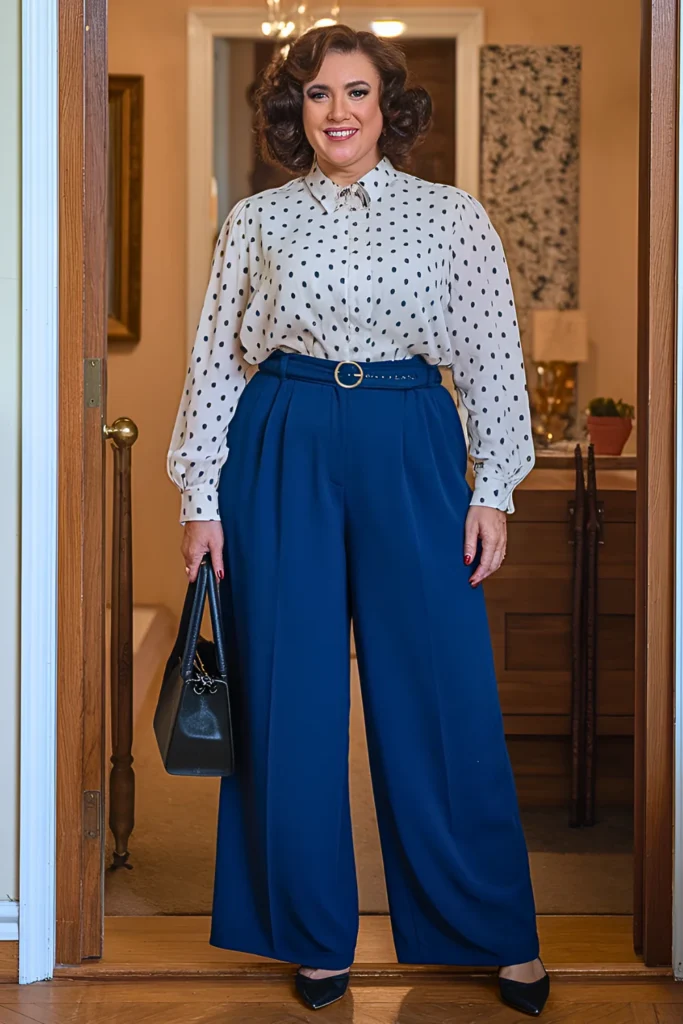 Plus Size Polka Dot Blouse and Wide-Leg Pants Spring Mom Outfit