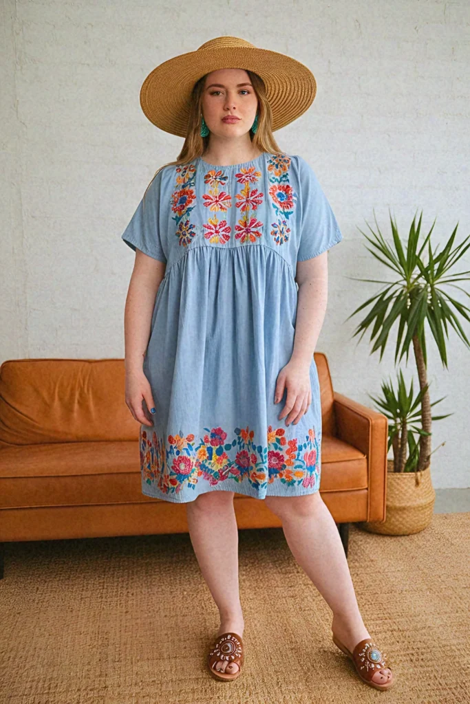 Plus Size Summer Embroidered Chambray Nashville Outfit