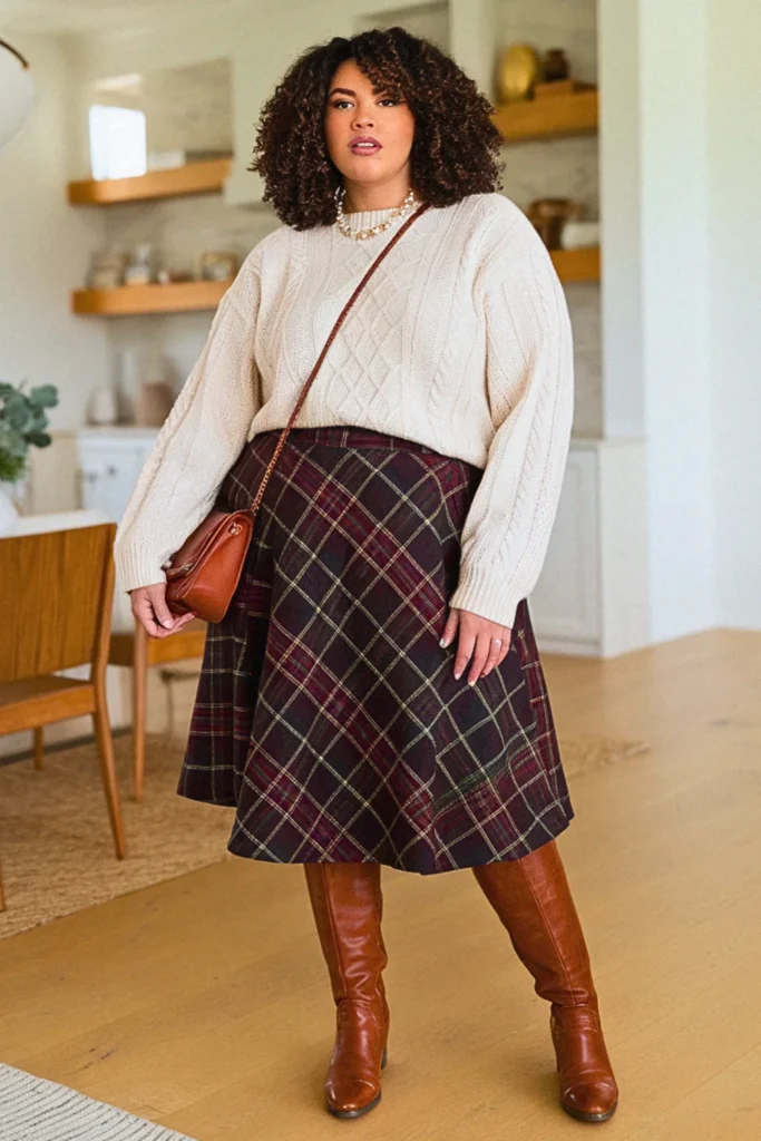 Plus Size Preppy Cable-Knit Sweater and Plaid Skirt Fall Outfit