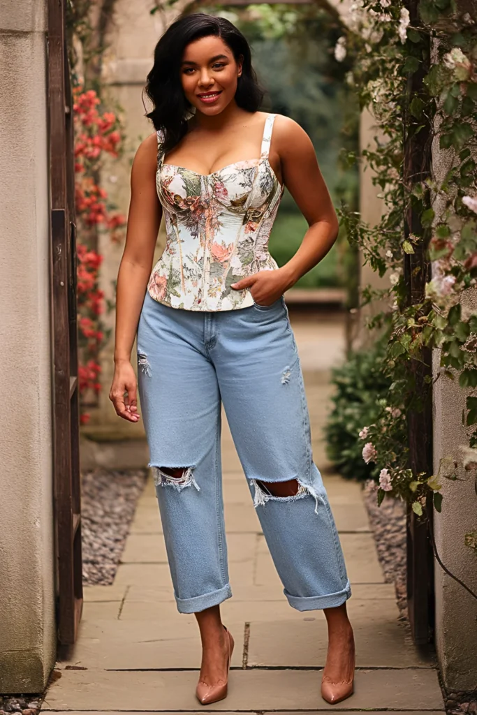 Floral Corset Top and Distressed Mom Jeans