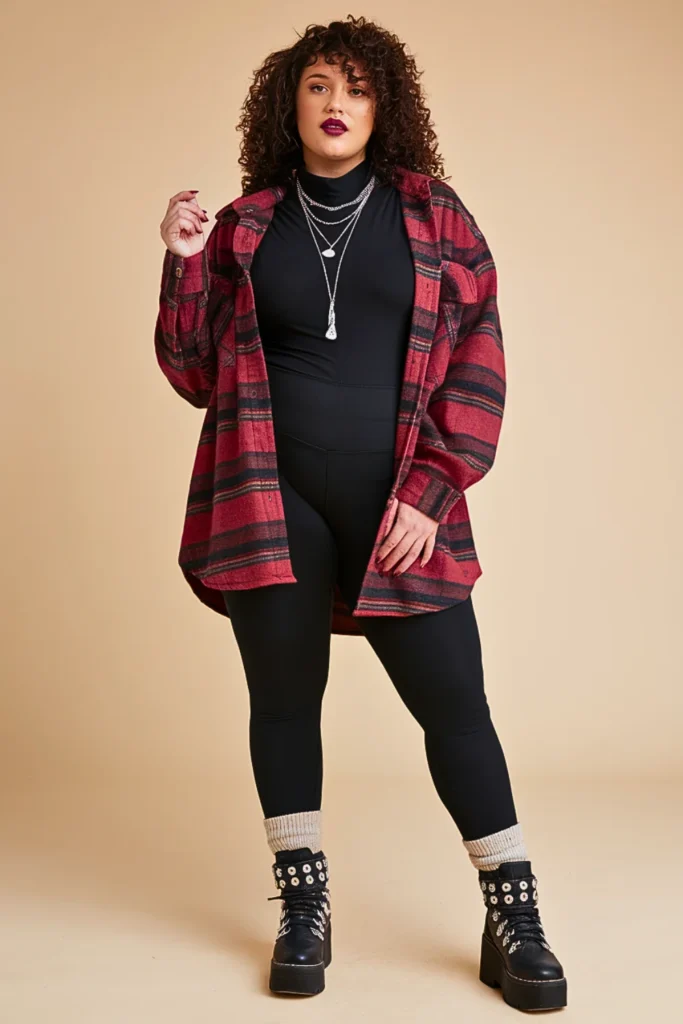 Plus Size Oversized Flannel Bodysuit Fall Outfit