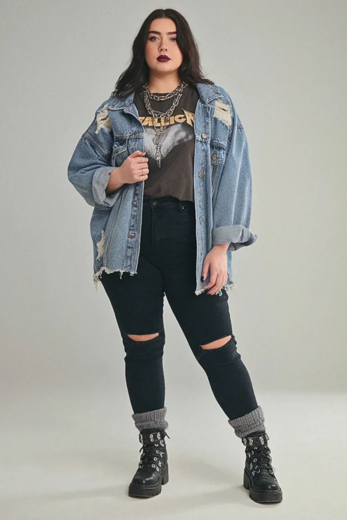Plus Size Fall Distressed Denim Jacket Grunge Outfit