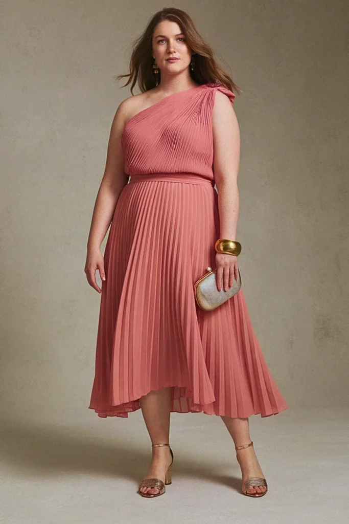 One-Shoulder Pleated Chiffon Plus Size Beach Wedding Guest Dress