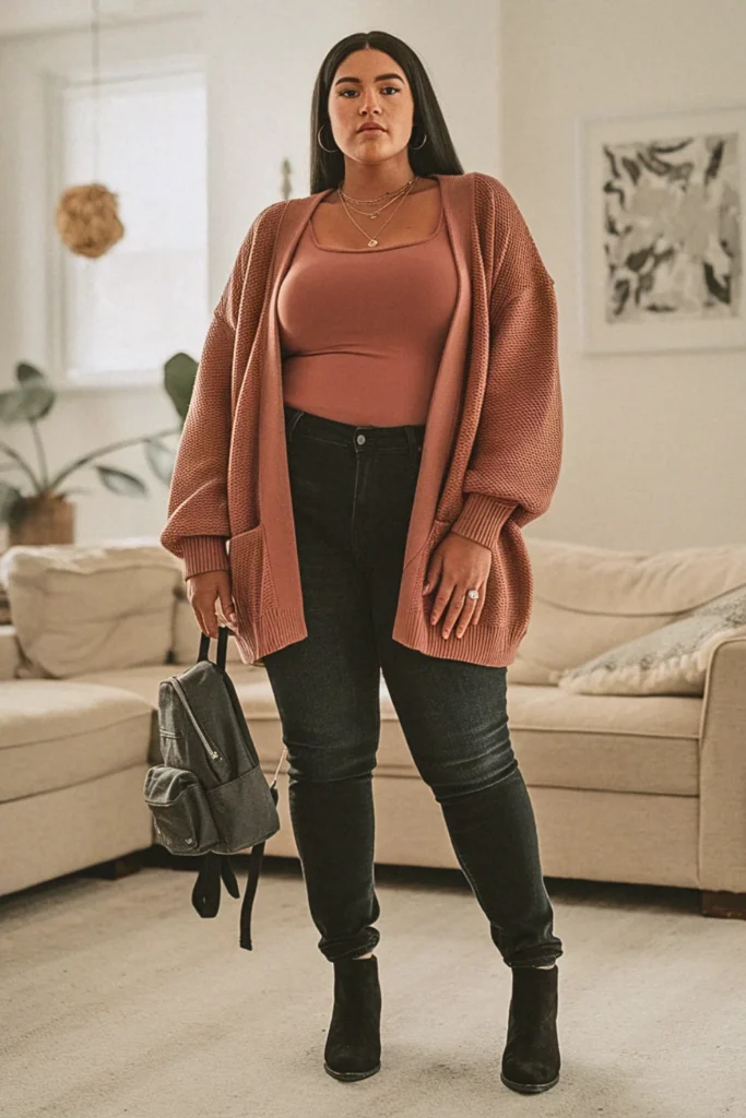 Plus Size Fall Cardigan Set Knee Boots Aesthetic Outfit