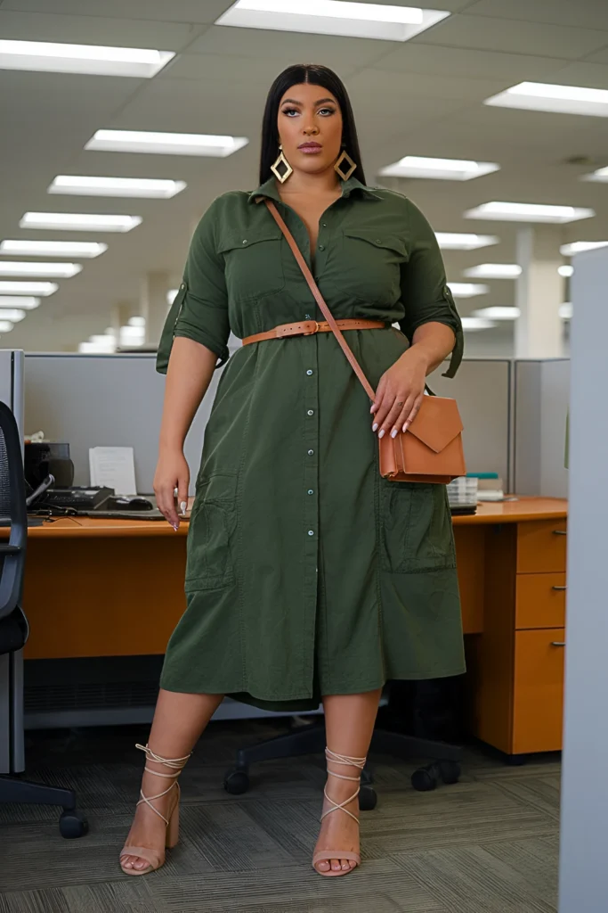 Plus Size Emerald Green Cargo Midi Dress Work Outfit
