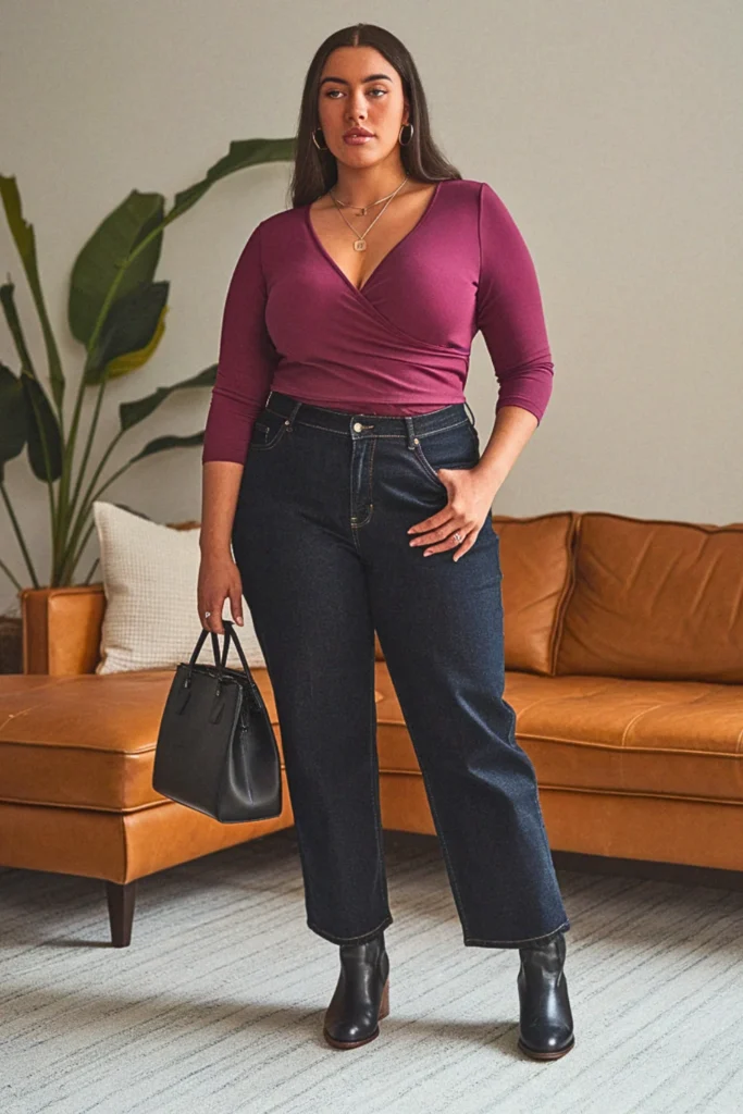 Plus Size Wrap Top with Straight Leg Jeans Fall Outfit
