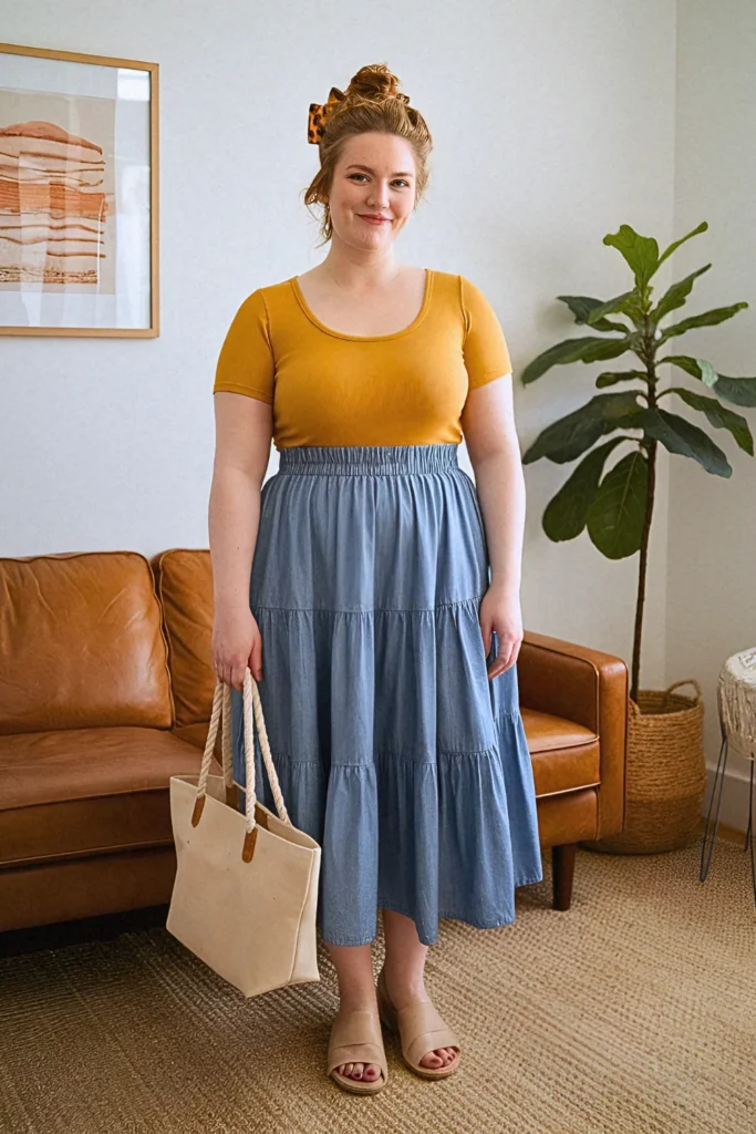 Plus Size Comfy Chambray Tiered Midi Skirt Summer Outfit