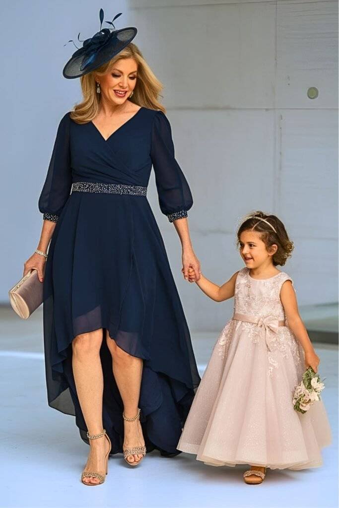 Plus Size Chic Navy Chiffon High-Low Mother of the Bride Dress with Beaded Waistband