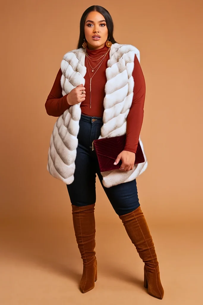 Plus Size Faux Fur Vest Turtleneck Fall Outfit