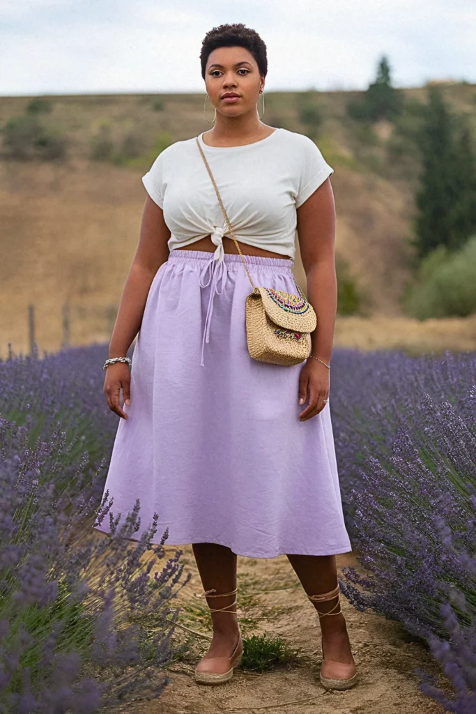 Plus Size Summer Drawstring Midi Skirt and Cropped Tee European Outfit