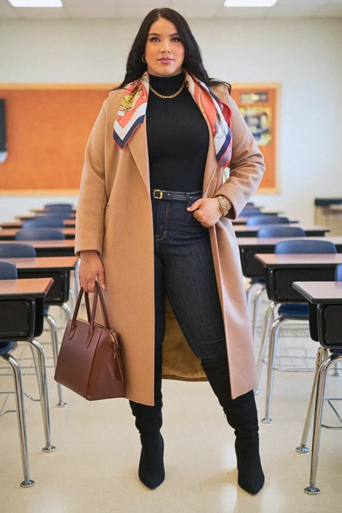 Plus Size Fall Camel Coat with Turtleneck Teacher Outfit