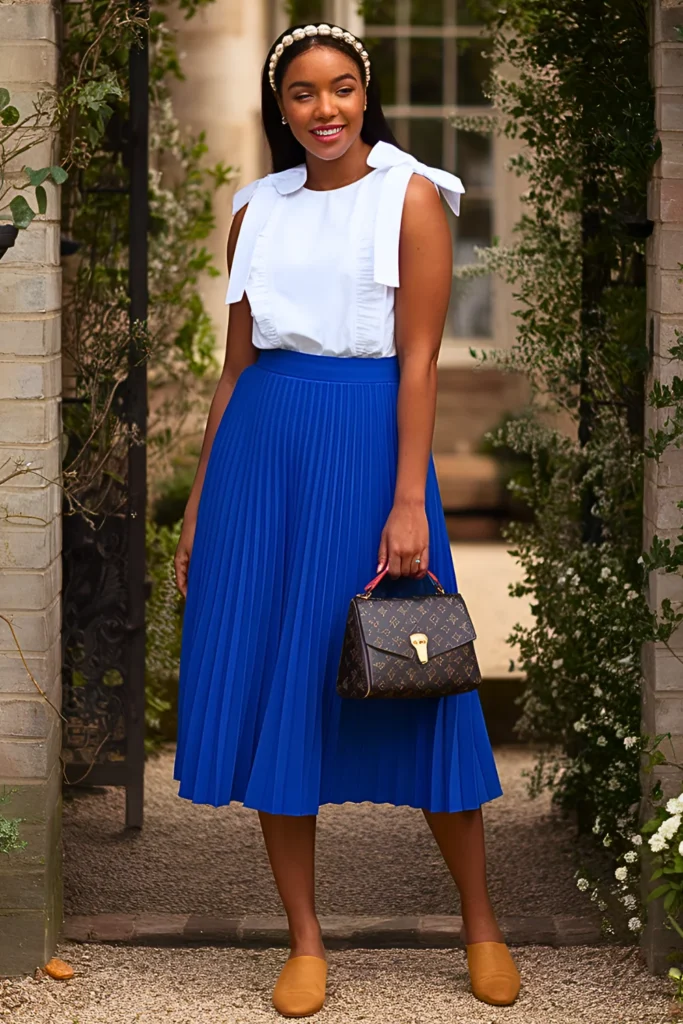 Pleated Skirt and Ruffled Blouse