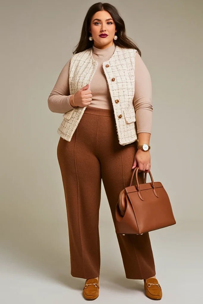 Plus Size Tweed Vest Straight Leg Pants Fall Outfit