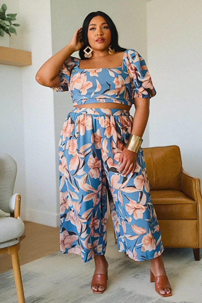 Plus Size Summer Floaty Culottes and Square-Neck Crop Mom Outfit