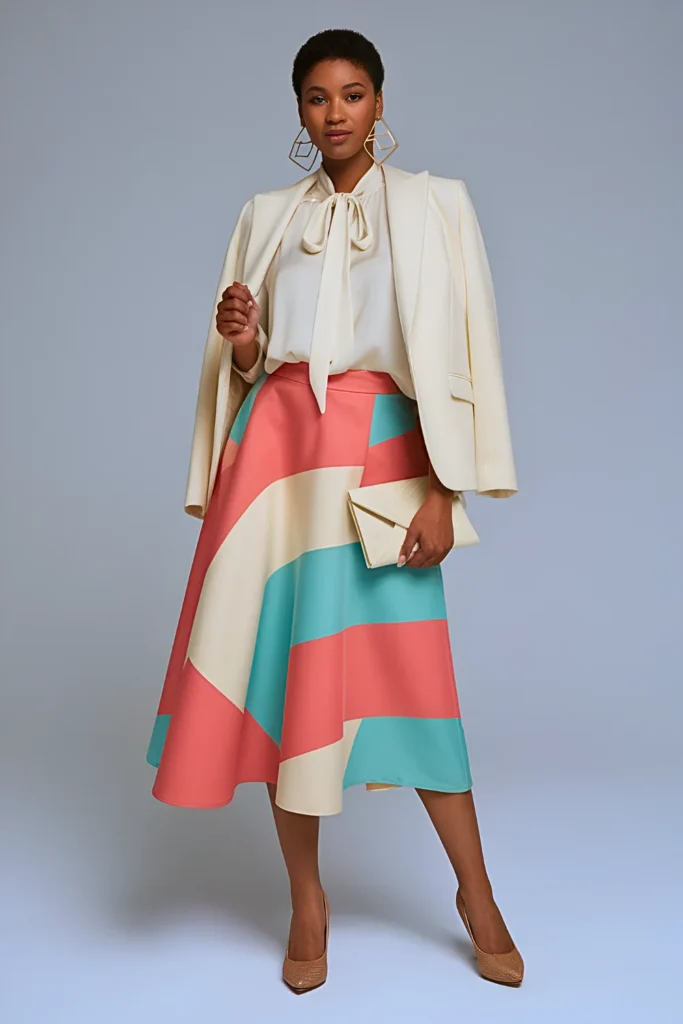 Spring Colorblock Asymmetric Skirt Ensemble Work Outfit