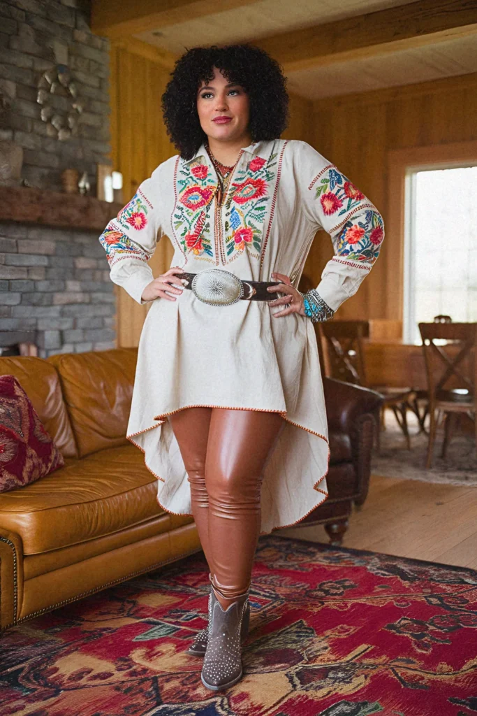 Plus Size Embroidered High-Low Tunic with Leather Leggings Cowgirl Outfit