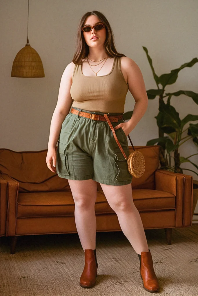 Plus Size Summer Safari-Inspired Utility Shorts and Tank Outfit