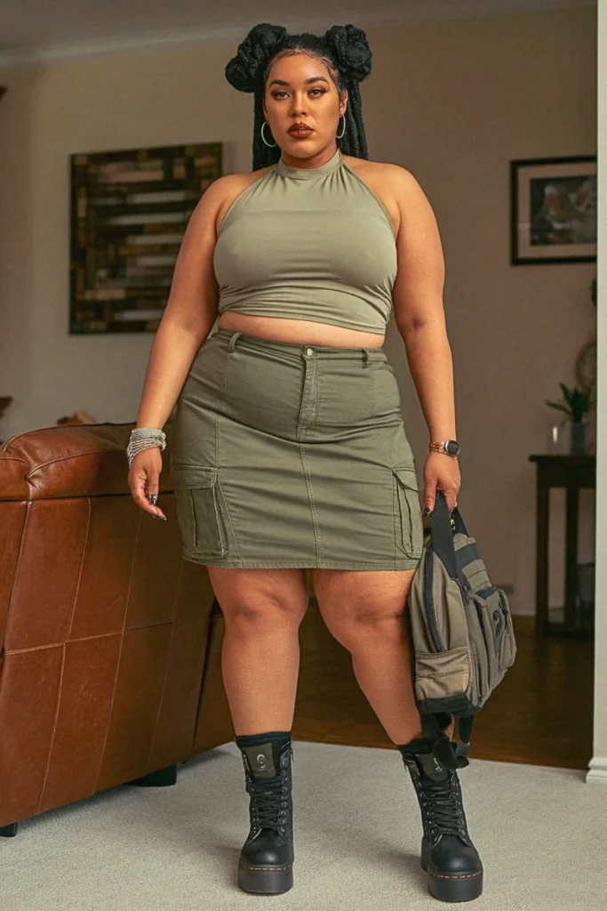 Plus Size Halter Top Cargo Skirt Fall Outfit