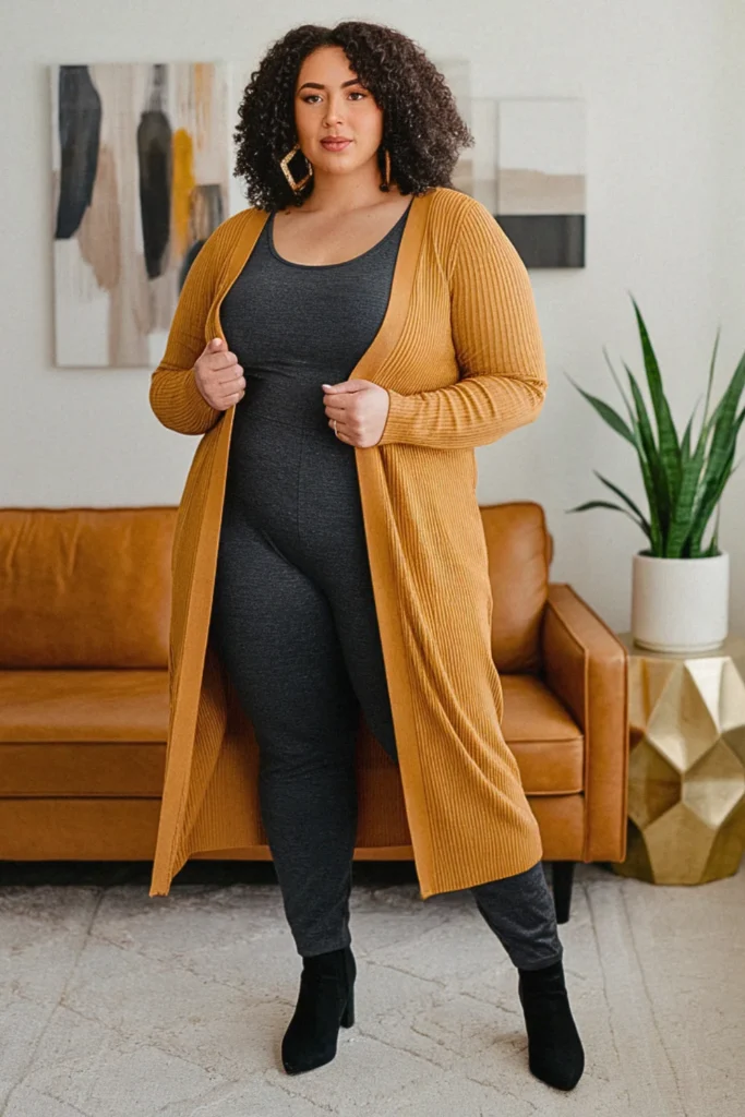 Plus Size Jumpsuit and Statement Cardigan Dressy Fall Outfit