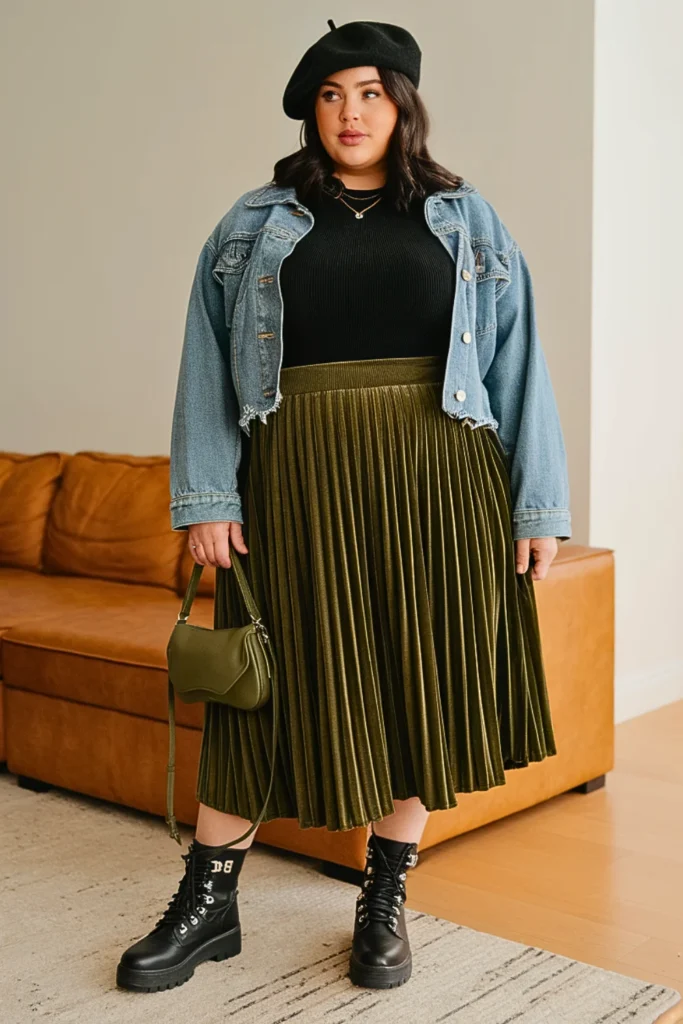 Plus Size Midi Skirt Combat Boots Fall Winter Outfit