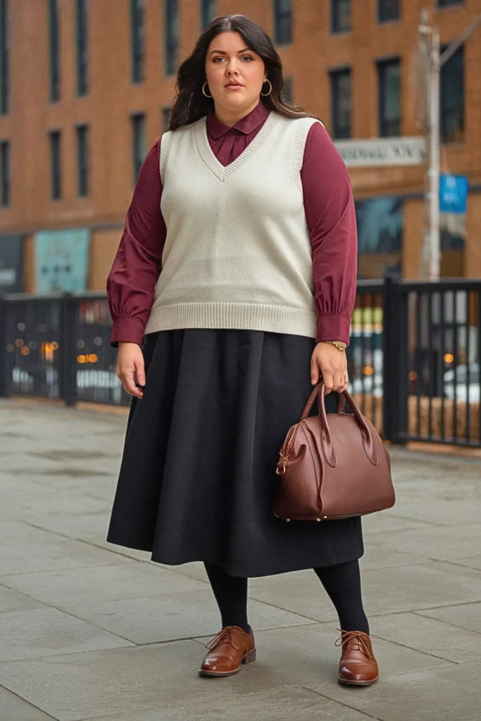 Plus Size New York Sweater Vest and Midi Skirt Fall Outfit