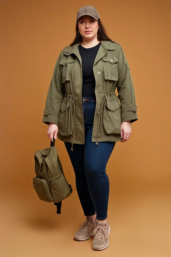 Plus Size Utility Jacket and Legging Jeans Autumn Outfit